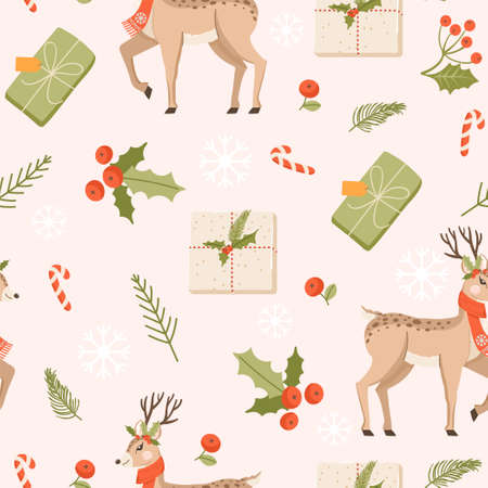Merry Christmas and Happy New Year seamless pattern with cute deer, gifts, candy cane and floral elements. Lovely vector for winter holidays postcard, invitation, wrapping paper; packaging etc.のイラスト素材