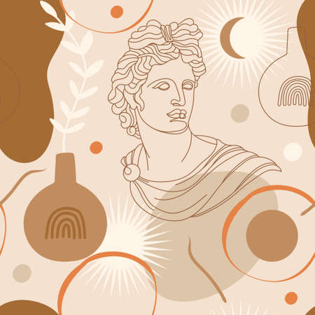 Seamless pattern with antique sculpture of Apollo, abstract terracotta shape, plants, vases and sun symbol. Editable vector illustration for wrapping paper, packaging, fabric, wallpaper etc.のイラスト素材