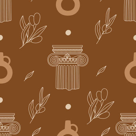 Seamless pattern with antique Greek column, amphoras, leaves and abstract shapes. Editable vector illustration for wrapping paper, packaging, fabric, wallpaper etc.のイラスト素材