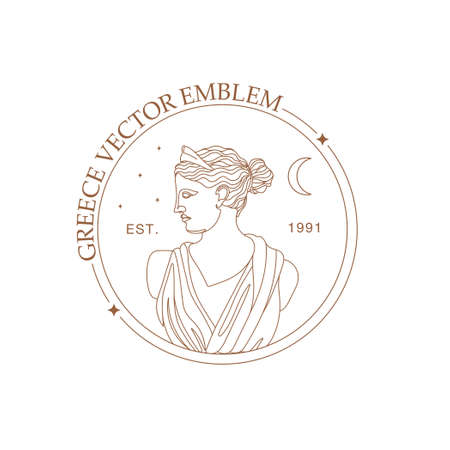 Antique logo of goddess greek Artemis in a minimal liner style. Delicate emblem. Vector icon for handmade products, cosmetics, boutique etc. branding.のイラスト素材