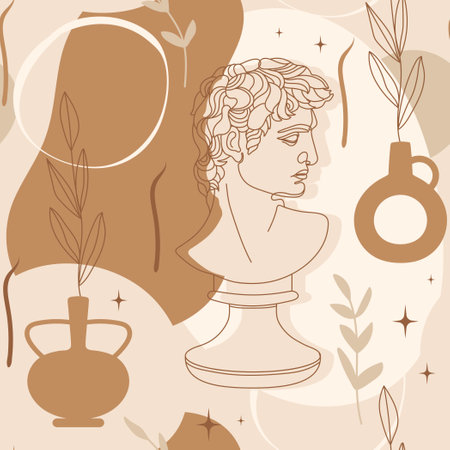 Seamless pattern with antique sculpture of Michelangelo's David portrait, abstract terracotta shape, plants, sun, amphora and olive branch. Editable vector illustration for wrapping paper, packaging, fabric, wallpaper etc.のイラスト素材