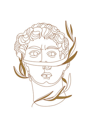 Broken head of Michelangelo's David with branch. One line mystic greek sculpture.のイラスト素材