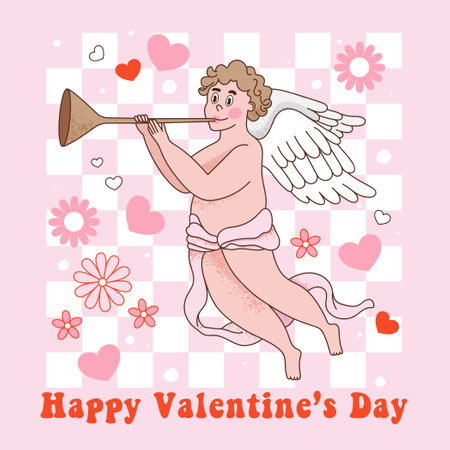 Happy Valentine's Day greeting card. Groovy hippie cupid with flute, hearts and flowers. Retro vector illustration on checkered background for postcard, poster, invitation, sticker etc.のイラスト素材