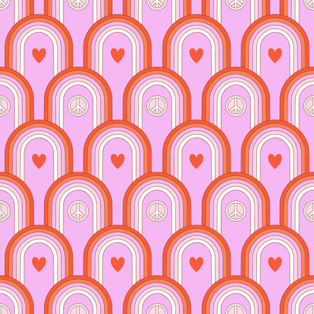 Happy Valentine's Day retro seamless pattern with groovy rainbow, hippie sign and heart shape. Vintage vector for postcard, invitation, wrapping paper; packaging etc.のイラスト素材