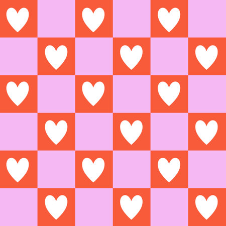 Happy Valentine's Day retro seamless pattern with groovy hearts. Cute hearts on checkerboard background. Vintage lovely vector for invitation, wrapping paper, packaging etc.のイラスト素材