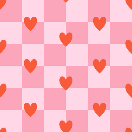Happy Valentine's Day retro seamless pattern with groovy hearts. Cute hearts on checkerboard background. Vintage lovely vector for invitation, wrapping paper, packaging etc.のイラスト素材