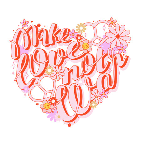 Typography phrase Make love not war. Quote in the shape of the heart. Vector positive illustration for peace, hippy, pacifism concept.のイラスト素材