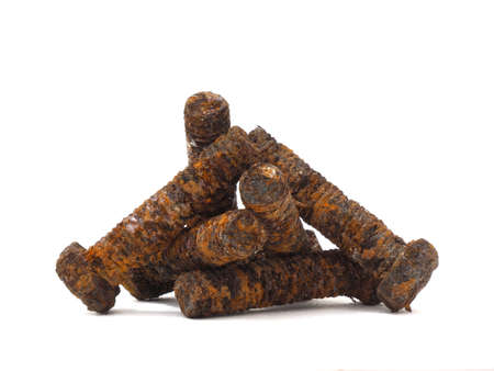 Close up photo of rusty isolate screw with white backgroundの写真素材