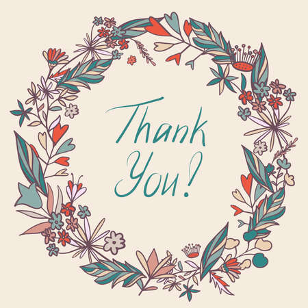 Isolated vector design. Colorful floral Thank You card with garland of wildflowers. The design is perfect for cards, invitations, postcards, envelopes, decorations, borders, covers, brochuresのイラスト素材