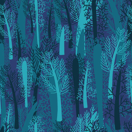Vector seamless design of abstract gloomy emerald forest. Decorative pattern illustration of trees...