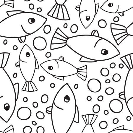 Seamless vector black and white pattern with lined fish and bubbles.のイラスト素材