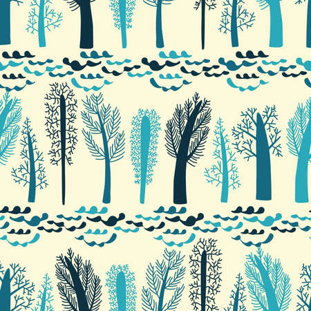 Vector seamless design of abstract blue trees in lines on pastel yellowのイラスト素材