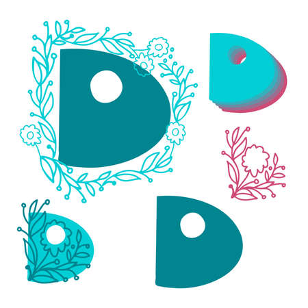 Vector isolated set of letter D of English alphabet with ornamental floral decorのイラスト素材