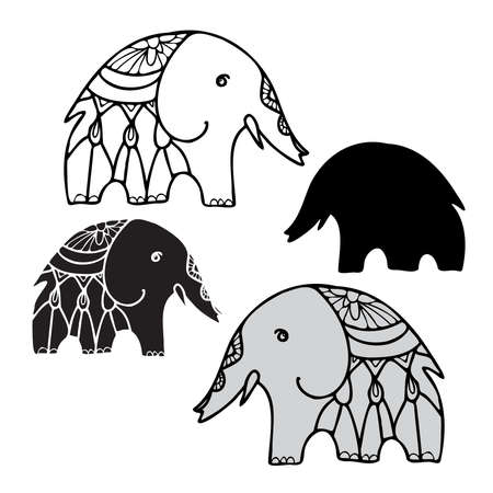 Isolated vector design set with graphic silhouettes of elephant on whiteのイラスト素材