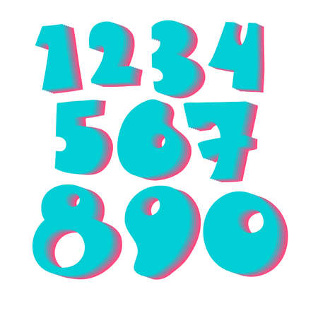 Isolated hand drawn vector design cartoon set of numbers with blue pink gradient