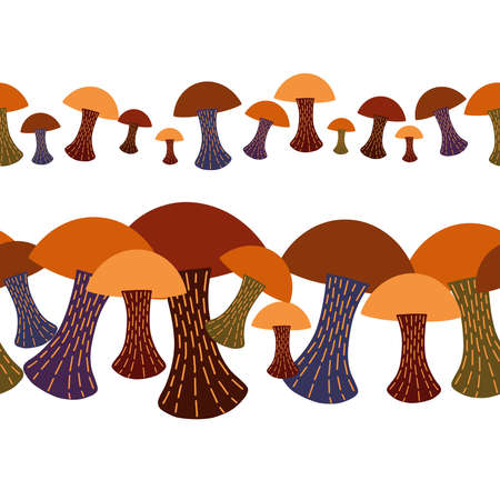 Seamless vector pattern of autumn forest mushrooms in two lines on whiteのイラスト素材