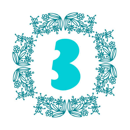 Isolated vector design number 3 card with blue floral ornament frame on whiteのイラスト素材