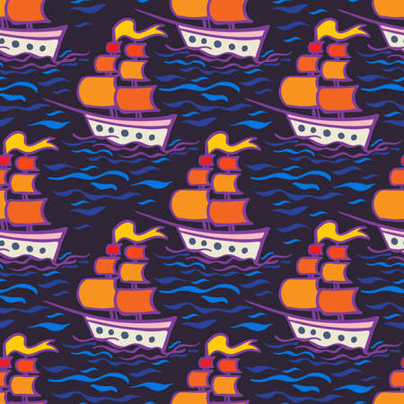 Seamless colorful vector pattern design of ship on waves in lines on darkのイラスト素材