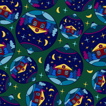 Seamless vector pattern illustration of Christmas decorations with winter housesのイラスト素材