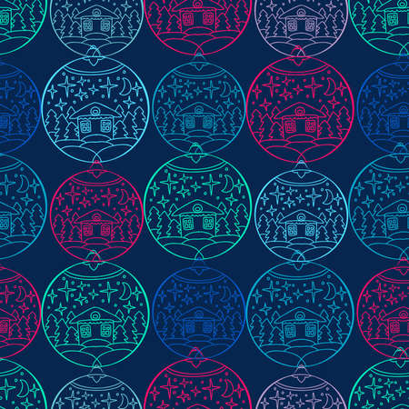 Seamless vector pattern illustration of Christmas decorations with winter housesのイラスト素材