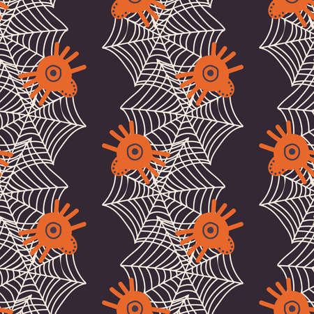 Seamless vector pattern of decorative spider net with orange spiders in linesのイラスト素材