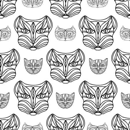Seamless black and white vector pattern design of lined ornamental abstract catsのイラスト素材