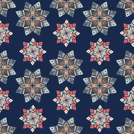 Seamless vector pattern of ornamental lined abstract flower snowflakes on blue