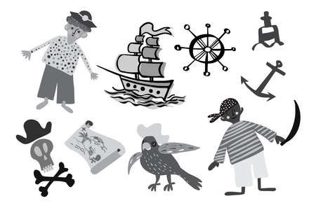 Isolated vector black and white design set of pirates, ship, map, parrotのイラスト素材