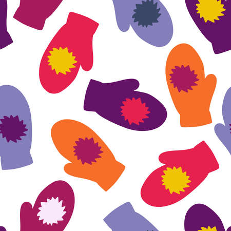 Colorful seamless vector pattern of knitted mittens with pompoms on whiteのイラスト素材
