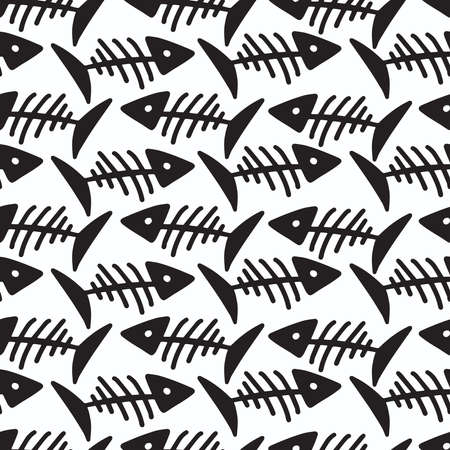 Seamless vector black and white pattern lined ornament decorative fish skeletonのイラスト素材
