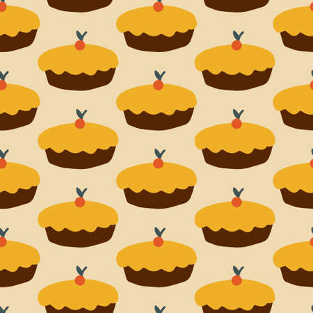 Seamless decorative vector pattern of sweet Thanksgiving pumpkin pie on yellowのイラスト素材