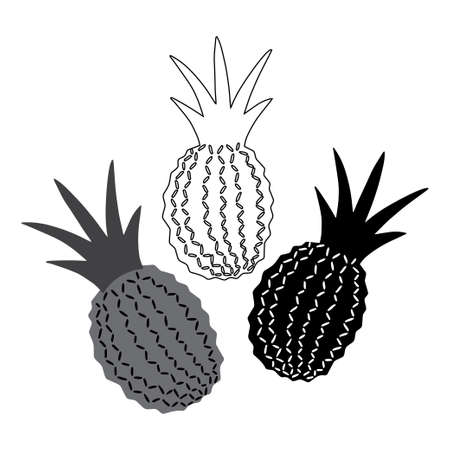 Isolated black and white vector set of abstract fruits silhouettes of pineapplesのイラスト素材