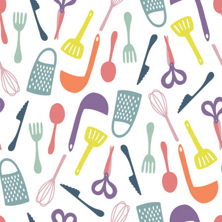 Seamless vector abstract colorful pattern of kitchen suppliesのイラスト素材