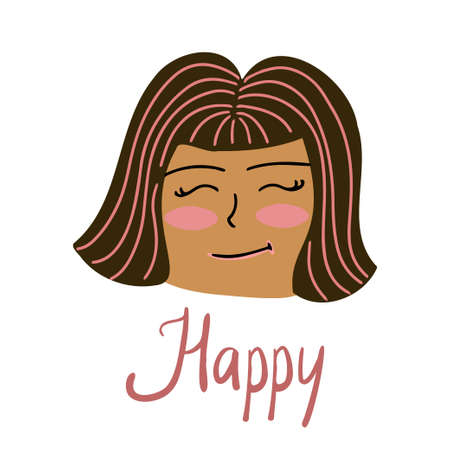Isolated summer vector illustration of a young girl face with short brown hairのイラスト素材