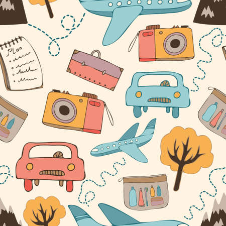 Seamless vector pattern vintage travelling design with camera, airplane, notebook, carのイラスト素材