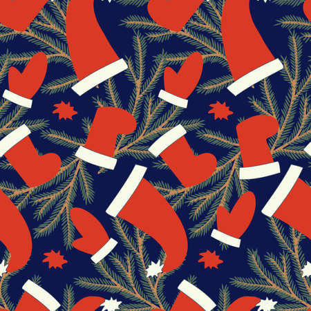 Vector seamless pattern colorful design with decorative Christmas tree branch, stockings, mitten and hatのイラスト素材