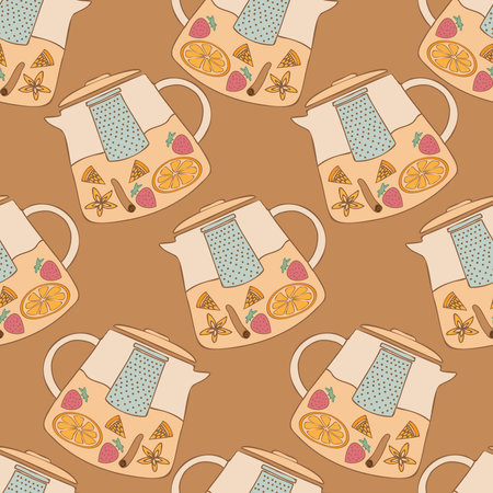 Seamless vector colorful pattern illustration design of lined ornamental glass tea pot with fruitsのイラスト素材