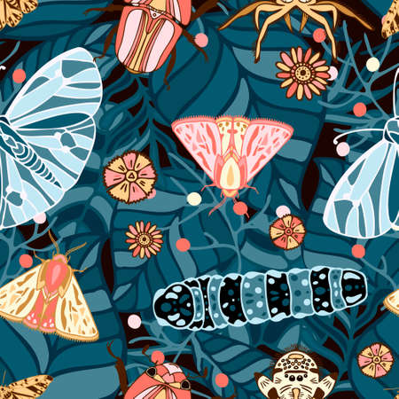 Seamless vector pattern with decorative colorful insects green bugs, worms and butterfliesのイラスト素材