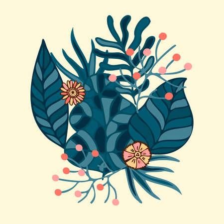 Isolated vector design card with lined decorative abstract flower and leaves bouquetのイラスト素材