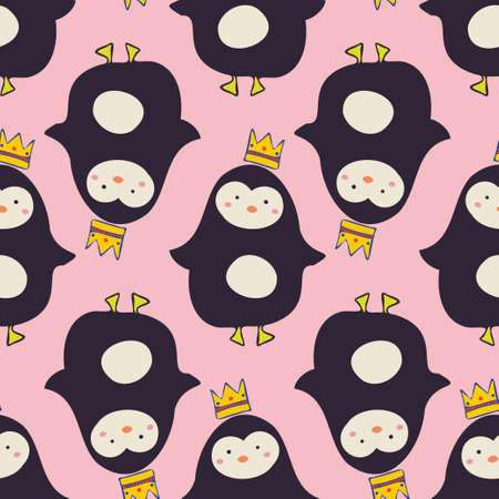 Seamless vector pattern cute illustration design with cartoon penguins with crowns on pink backgroundのイラスト素材