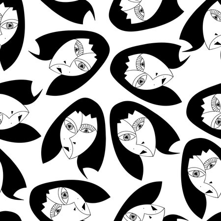 Seamless black and white simple abstract vector pattern of lined portraits of cubist faceのイラスト素材