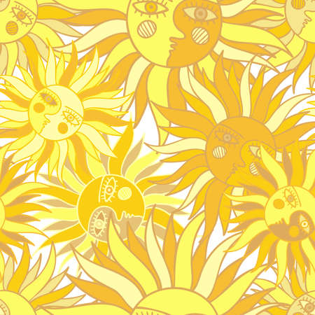Vector seamless pattern colorful design of abstract lined sun with eyesのイラスト素材