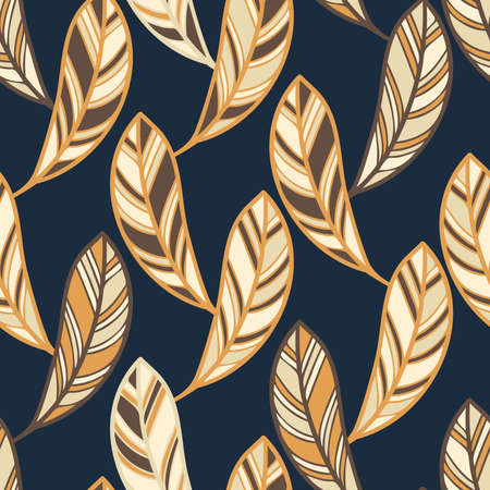 Seamless pattern with abstract geometric feather shapes in pastel colors on dark blueのイラスト素材