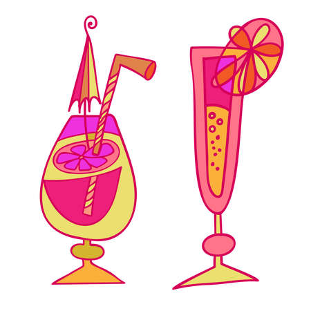 Isolated vector illustration design of silhouettes of cocktail glasses with lemon in bright pinkのイラスト素材