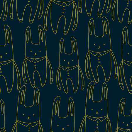 Seamless illustration of a cute yellow lined cartoon bunnies on blackのイラスト素材