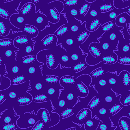 Seamless vector colorful pattern illustration design of lined abstract faces in dark purple tonesのイラスト素材