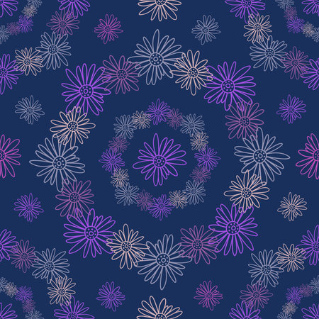 Vector seamless pattern colorful design of bright hand-drawn flowers in circles in dark blue tonesのイラスト素材