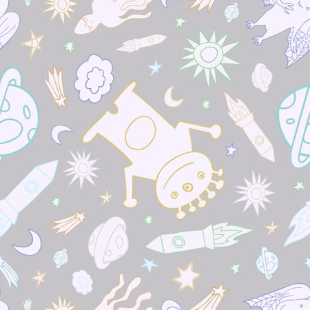 Seamless vector pattern colorful design of outer space with lined aliens, rockets in pastel tonesのイラスト素材