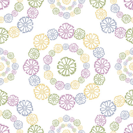 Vector seamless pattern colorful design of bright hand-drawn flowers in circles in pastel tonesのイラスト素材
