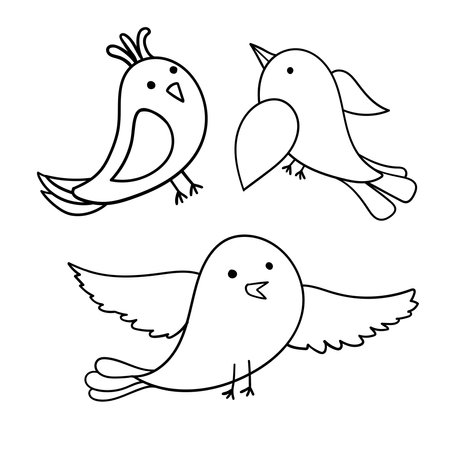 Cute isolated black and white vector illustration colorful design of cartoon birdsのイラスト素材